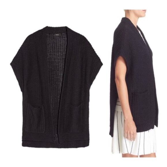 THEORY Fremont Ibisco Chunky Knit Open Front Cardigan Sweater Navy Lagenlook - Picture 4 of 8